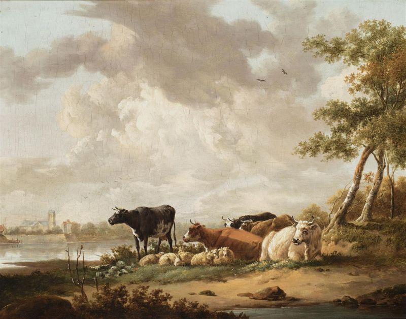 paneel, 31 x 40, Koeien in landschap, omgeving Jacob van Strij (1756-1815), 19e eeuws