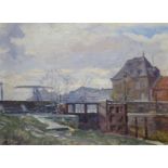 marouflé, 28 x 36, Sluis bij rivier de Rupel in het plaatsje Boom, gesigneerd l.o. onduidelijk 1925,