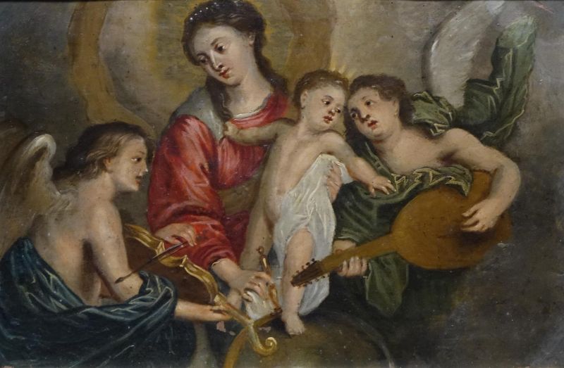 koperschildering, 19 x 22, Madonna met kind en musicerende engelen