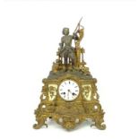 pendule in verguld metalen kast met voorstelling van ridder met vaandel, 19e eeuw, 47 cm