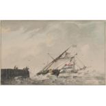 aquarel, 12 x 19, schepen bij havenmond, onbekend, 19e eeuw