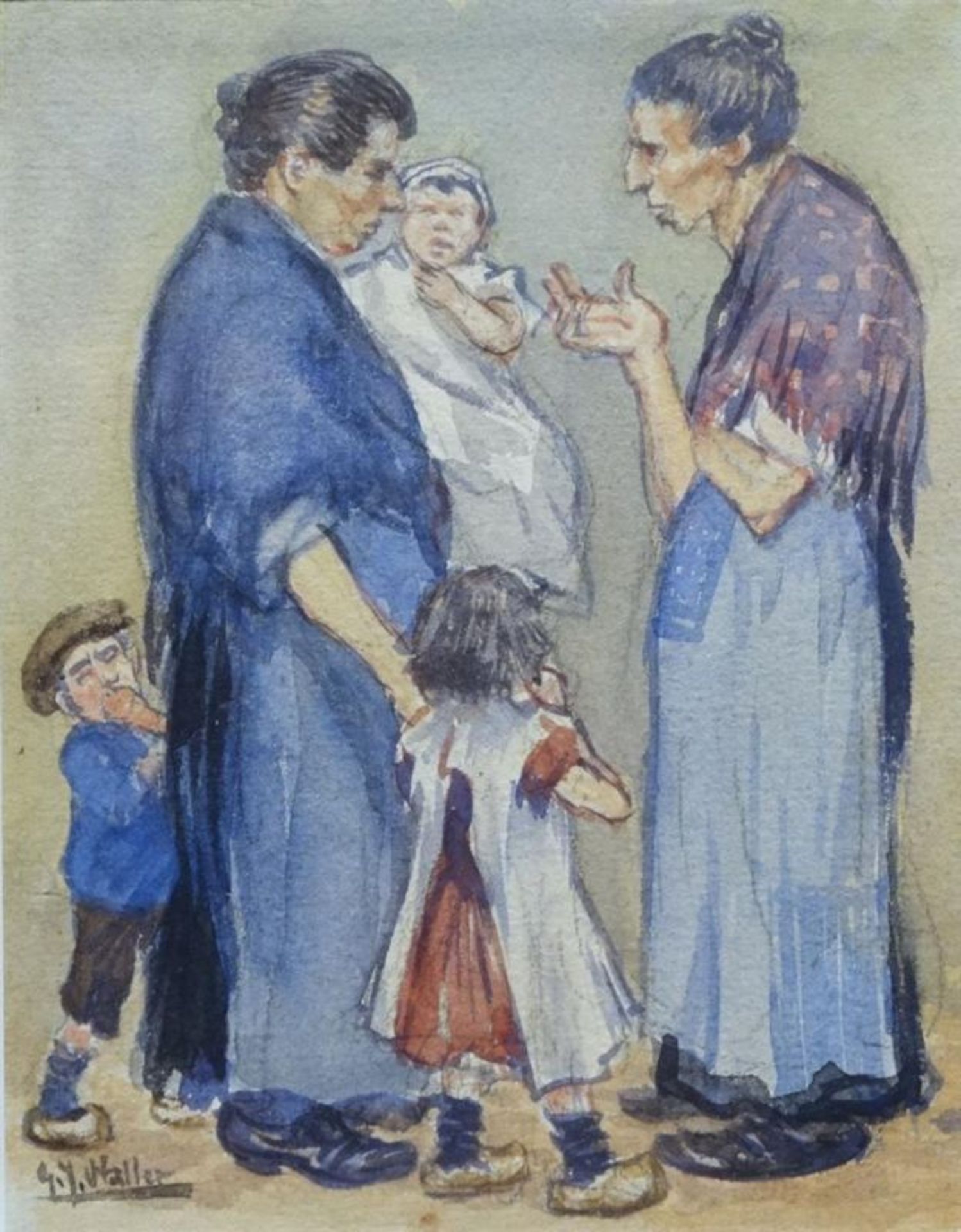Gerard Johan Staller (1880-1956)aquarel, 14 x 11, Kletsende moeders, gesigneerd l.o.