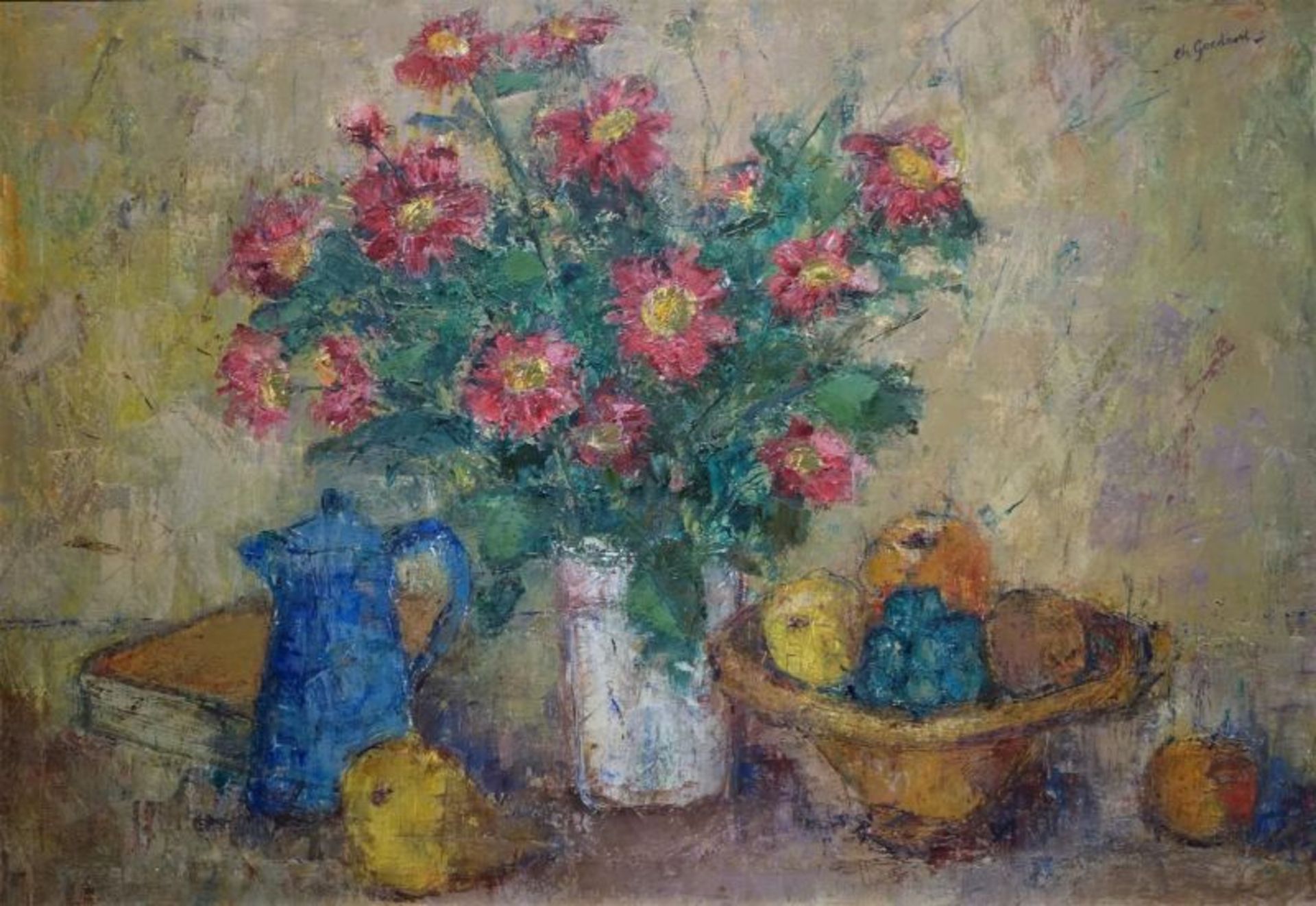 doek, 70 x 100, Stilleven met bloemen en fruit, gesigneerd r.b. Ch. Goedhart