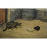 Herbert van der Poll (1877-1963)doek, 28 x 42, Twee katten met een schaaltje melk,  gesigneerd r.o.