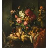 doek, 105 x 90, vaas met bloemen met wild, wijnglas, vruchten en andere objecten in een