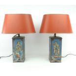 stel vierkante voorraadblikken met chinoiserie decor, vermaakt tot schemerlamp