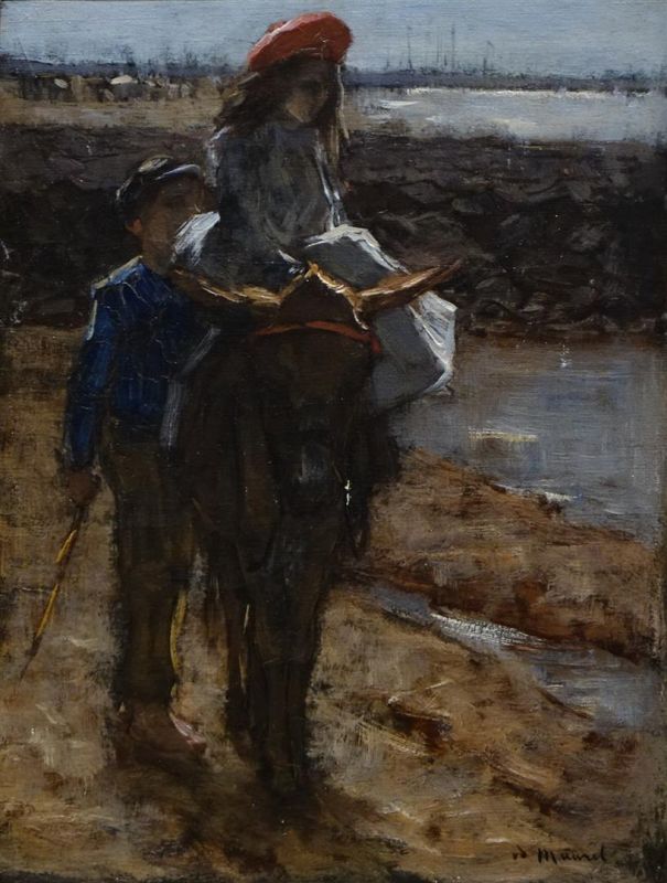 Marinus van der Maarel (1857-1921)doek, 24 x 19, Kinderen met ezel aan de kust, gesigneerd r.o.