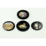 4  pietra dura plaquettes met voorstelling van stad, hond en bloemen, 19e eeuw, br. 4 cm