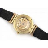Handgemaakt astronomisch herenhorloge in 14 krt. gouden kast aan leren band met idem slot,