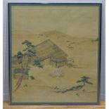 Chinese aquarel met voorstelling van figuur bij huisje in landschap, h. 71, br. 62, in lijst