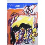 Jan Sierhuis (1928-)kleurenlitho, 78 x 56, compositie met figuur, gesigneerd r.o. '80, oplage 22/60