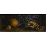 Cornelis le Mair (1944-)koperschildering, 10 x 24, Stilleven met schedels en vlinder, gesigneerd met