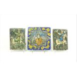 3 Perzische aardewerk tegels met voorstelling van figuur in stermotief en ruiters, circa 1900