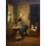 Martinus Jacobus Nefkens (1866-1941)doek, 81 x 60, Interieur met moeder en kinderen, gesigneerd r.o.