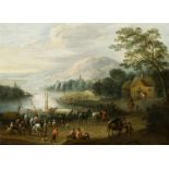 Piet Bout (1640-1689)paneel, 23,5 x 31,5, reizigers en handelaren bij aanlegplaats aan rivier,
