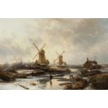 Pieter Lodewijk Kluyver (1816-1900)paneel, 35 x 51, Hollands winterlandschap met molens aan