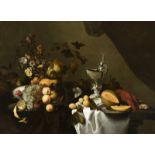 Michiel Simons (1648-1673)doek, 92 x 125,5 cm, Bloemen in een vaas, druiven, perziken en pruimen