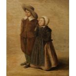 paneel, 17,5 X 14,5, Studie van een staande jongen en een meisje, hij in een bruin kostuum met