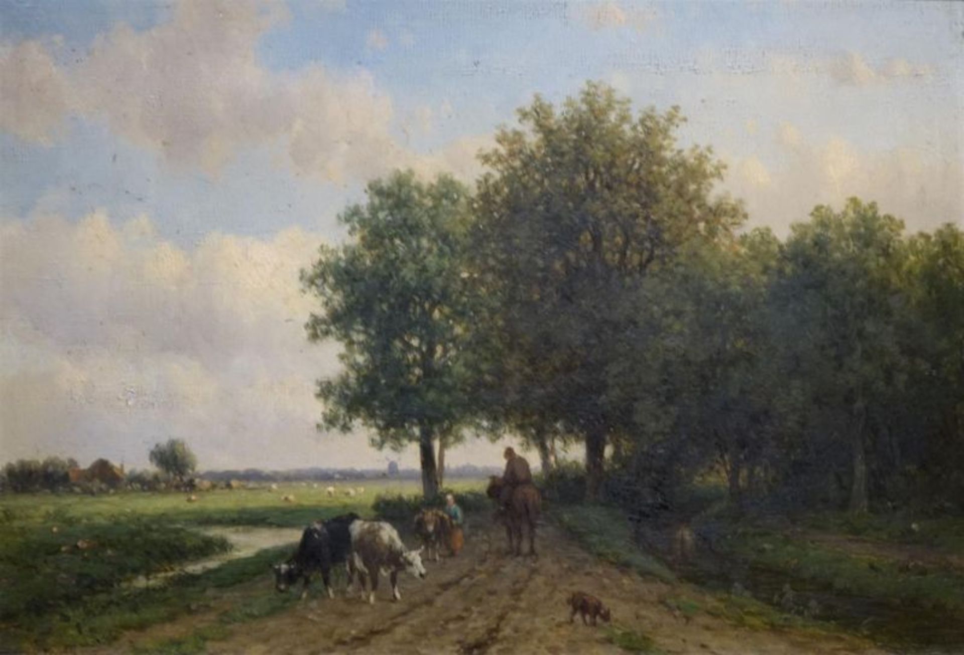 Willem Vester (1824-1895)paneel, 24 x 35, Figuren en koeien op landweg, gesigneerd l.o.