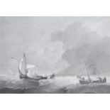 gewassen inkttekening, 25 x 35, schepen in de woelige branding, onbekend