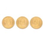 3 gouden tientjes, Wilhelmina, anno 1912 en 1917 (2x), gewicht 22 gram