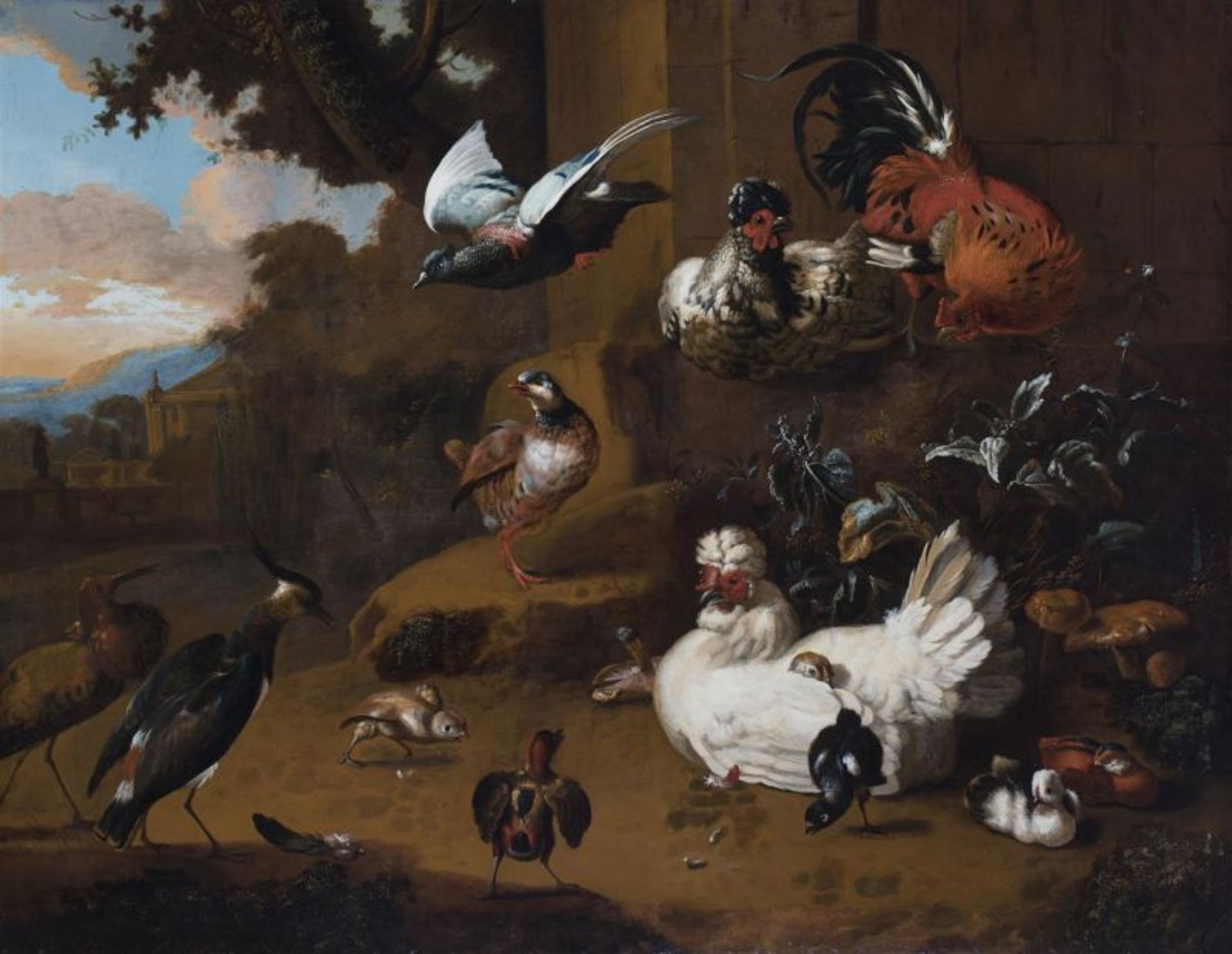 Melchior d' Hondecoeter (1636-1695)doek, 104 x 131, gevogelte met een snip en een aanvliegende