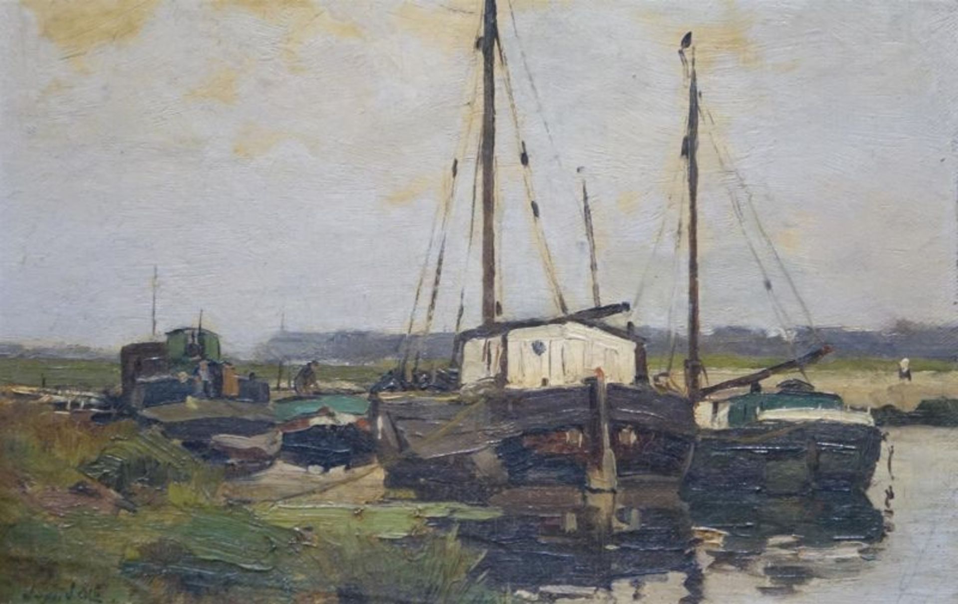 Joseph Johannes van Jole (1905-1961)marouflé, 20 x 29, riviergezicht met boten, gesigneerd l.o.