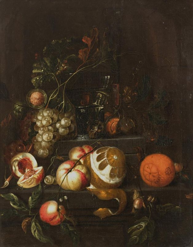David Cornelisz de Heem (1663-)doek, 63 x 51, berkemeier en fluitglas met kastanjes en druiven in