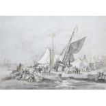 Hendri Adolphe Schaep (1826-1870)gewassen inkttekening, 20 x 28, Dorpsfeest aan de kade,