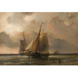 paneel, 19 x 27, zeilschepen op zee, ges. r.o. en gedateerd onleesbaar, 19e eeuw