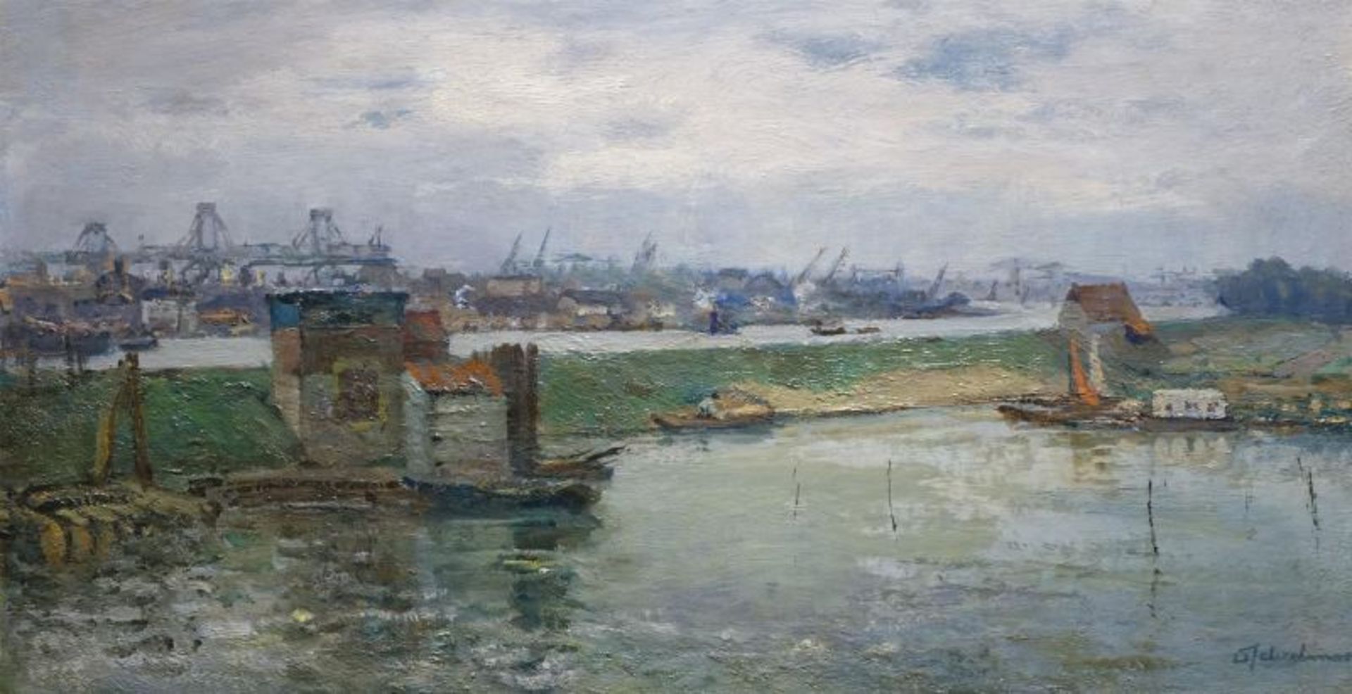 David Schulman (1881-1966)doek, 40,5 x 75, Zicht op het Amsterdam-Rijnkanaal, gesigneerd r.o.