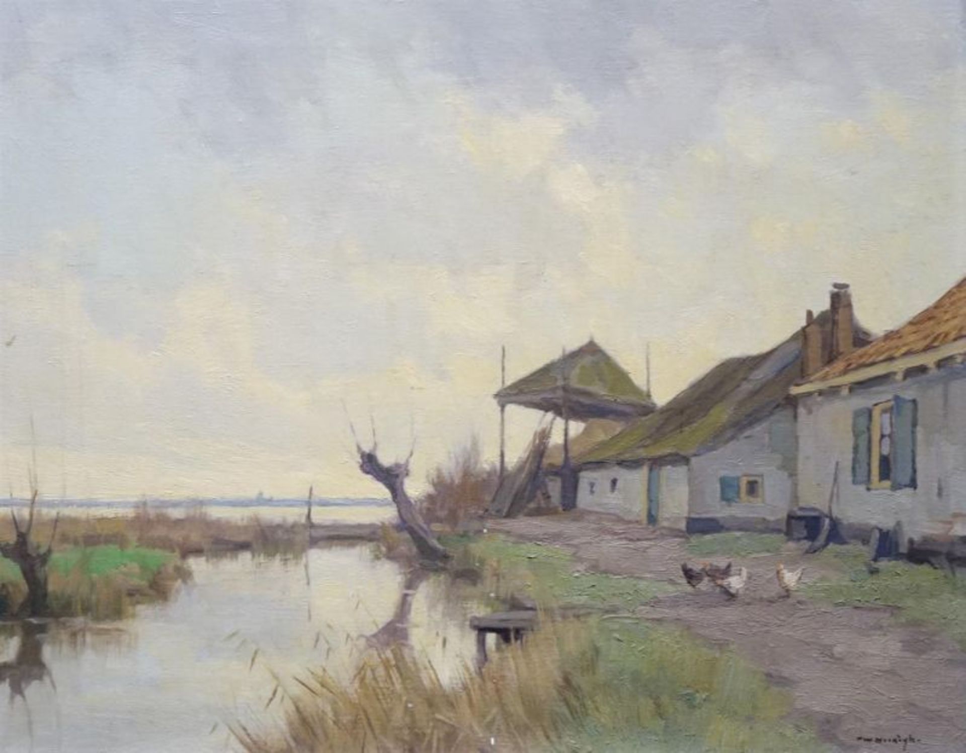 Willem Noordijk (1887-1970)doek, 41 x 50,5, Boerenerf met plasgezicht, gesigneerd r.o.