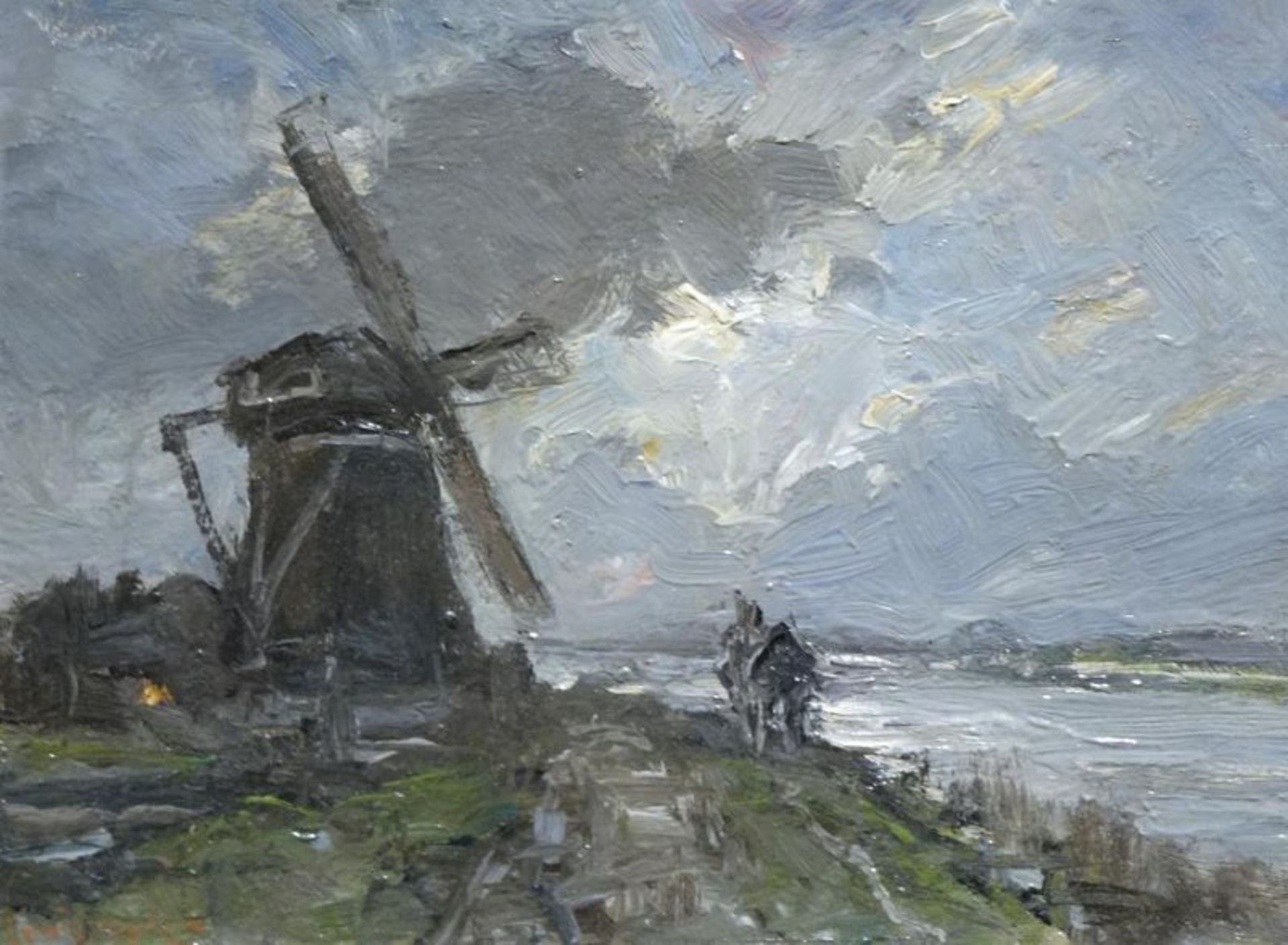 Louis Apol (1850-1936)board, 20 x 26, Huiswaarts langs de molen, gesigneerd l.o.