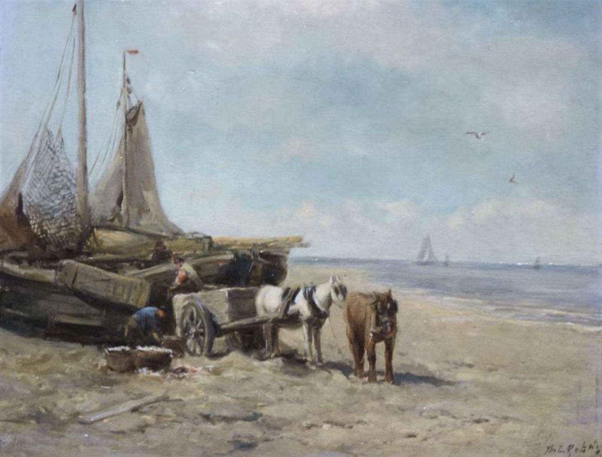 Johannes Marius ten Kate (1859-1896)paneel, 25 x 30, Het lossen van de vissersschuiten, gesigneerd
