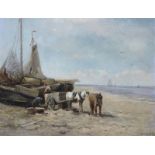 Johannes Marius ten Kate (1859-1896)paneel, 25 x 30, Het lossen van de vissersschuiten, gesigneerd