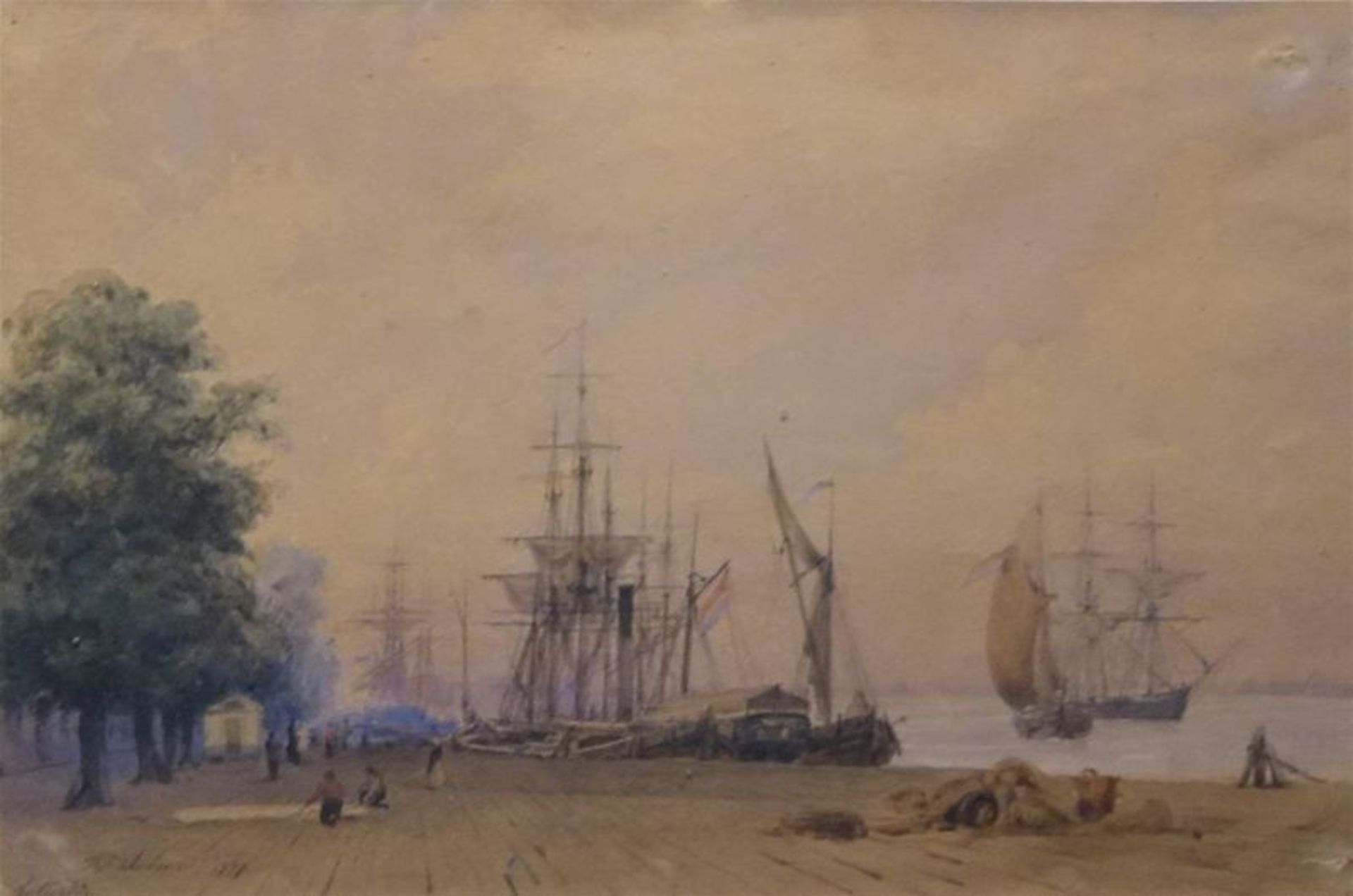 aquarel, 21,5 x 32, Rotterdam, onduidelijk gesigneerd l.o., omgeving Jan Weissenbruch, 19de eeuw