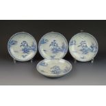 4 blauw/wit Chinees porseleinen roombordjes met landschappelijk decor, Qianlong, 18e eeuw, diam.