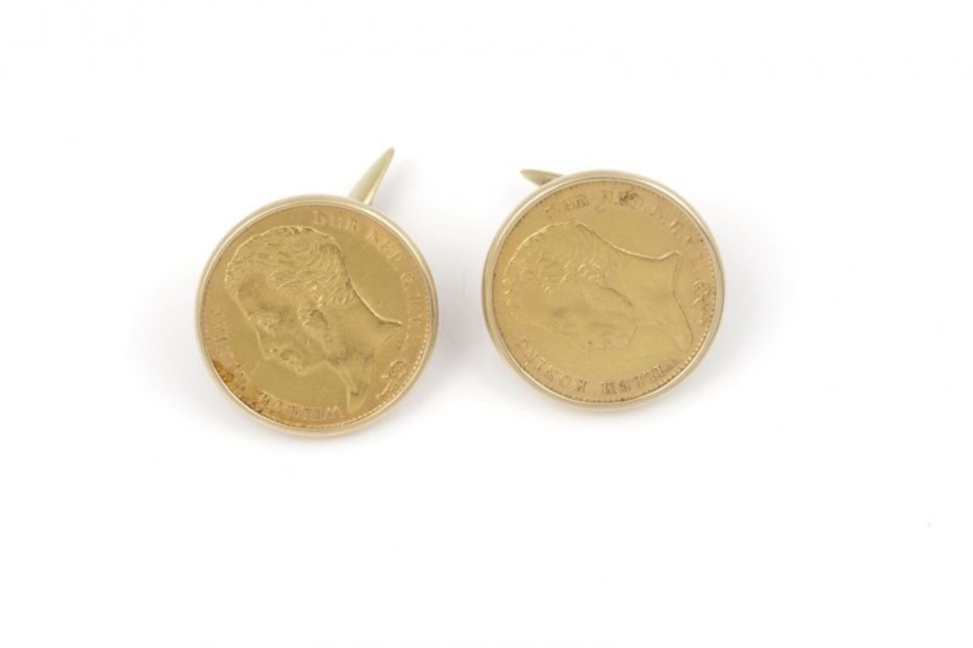 2 gouden tientjes vermaakt tot manchetknopen, diameter: 23 mm., totaal gewicht: 20,4 gram