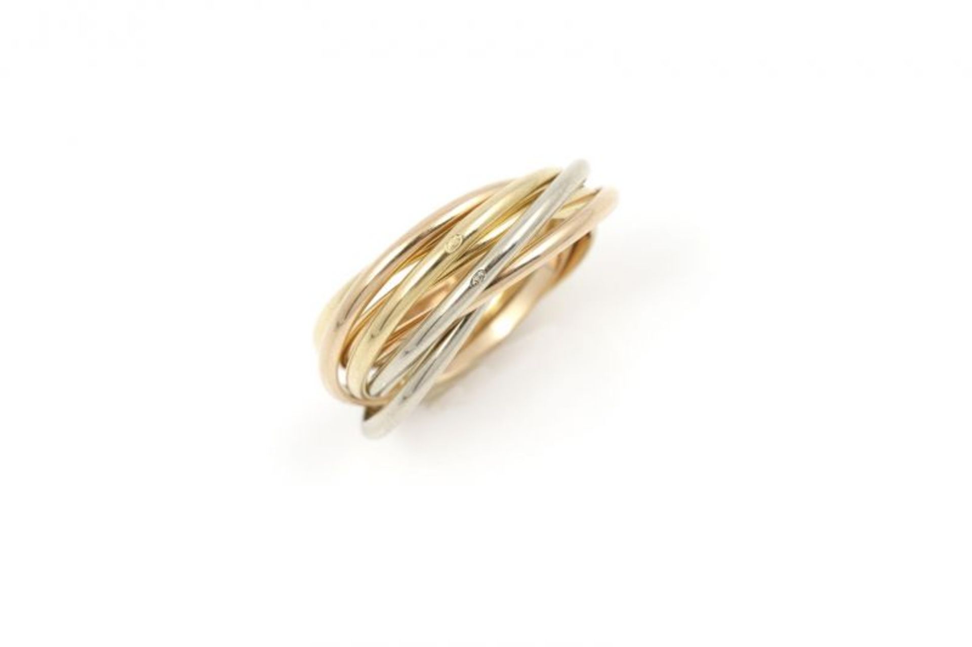tricolor 18 krt. gouden ring bestaande uit 7 ringen, merk: Cartier