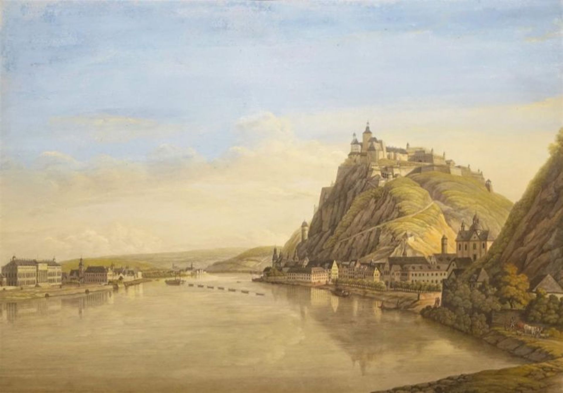 aquarel, 40,5 x 58, Zicht op Fort Ehrenbreitstein aan de Rijn bij Koblenz, navolger van Christian