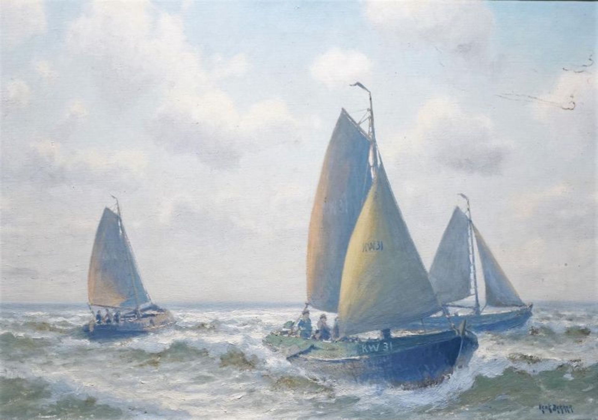 Henk Dekker (1897-1974)doek, 50 x 70, Katwijker botters op zee, gesigneerd r.o.