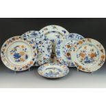 6 Chinees porseleinen Imari borden met decor van kraanvogels, bloemen en Europese huizen in