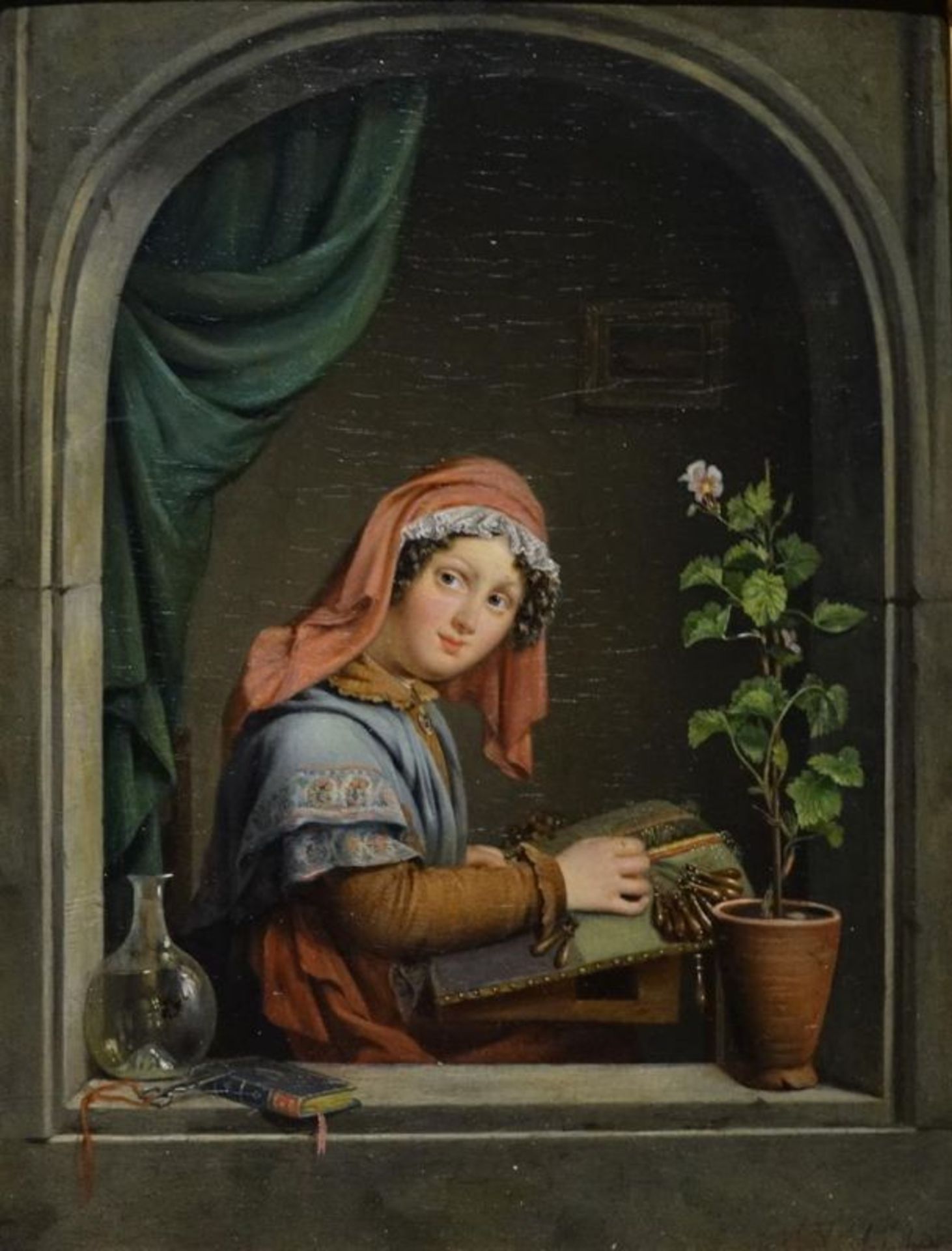 Séraphin De Vliegher (1806-1948)paneel, 22 x 17, Handwerkend meisje in venster, gesigneerd r.o.