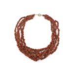 5-rijig bloedkoraal collier met verguld zilveren slot, lengte: circa 60 cm., gewicht: 243 gram