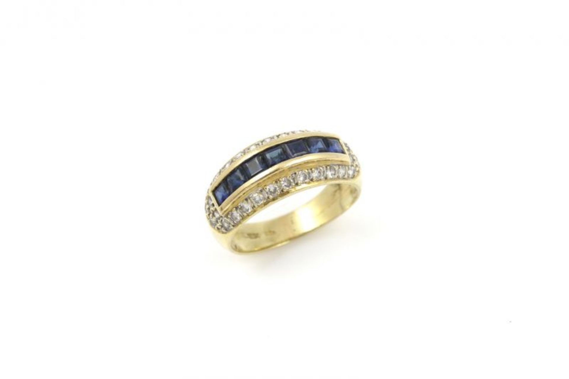 18 krt. gouden bandring, bezet met blauwe saffier en diamant