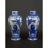 stel blauw/wit Chinees porseleinen vazen met decor van dame en vogel op tak, 19e eeuw, h. 24 cm (2 x