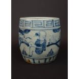 Chinese geglazuurd aardewerk brushpot met blauw/wit decor, 19e eeuw, h. 10 cm