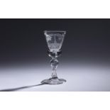 mondgeblazen wijnglas met radgravure decor:‘Altijt Soo’, midden 18e eeuw, h. 18 cm- - -29.00 %