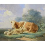 Albertus Verhoesen (1806-1881)paneel, 19 x 23,5, Liggende koe met schapen in de weide, gesigneerd en