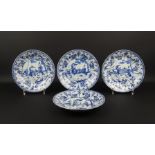 serie van 4 blauw/wit Chinees porseleinen borden met decor van dansende dames in landschap omgeven